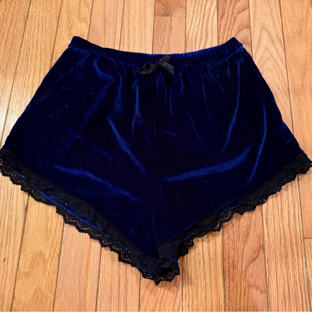 Velvet Lace Trim Sleep Shorts - Blue